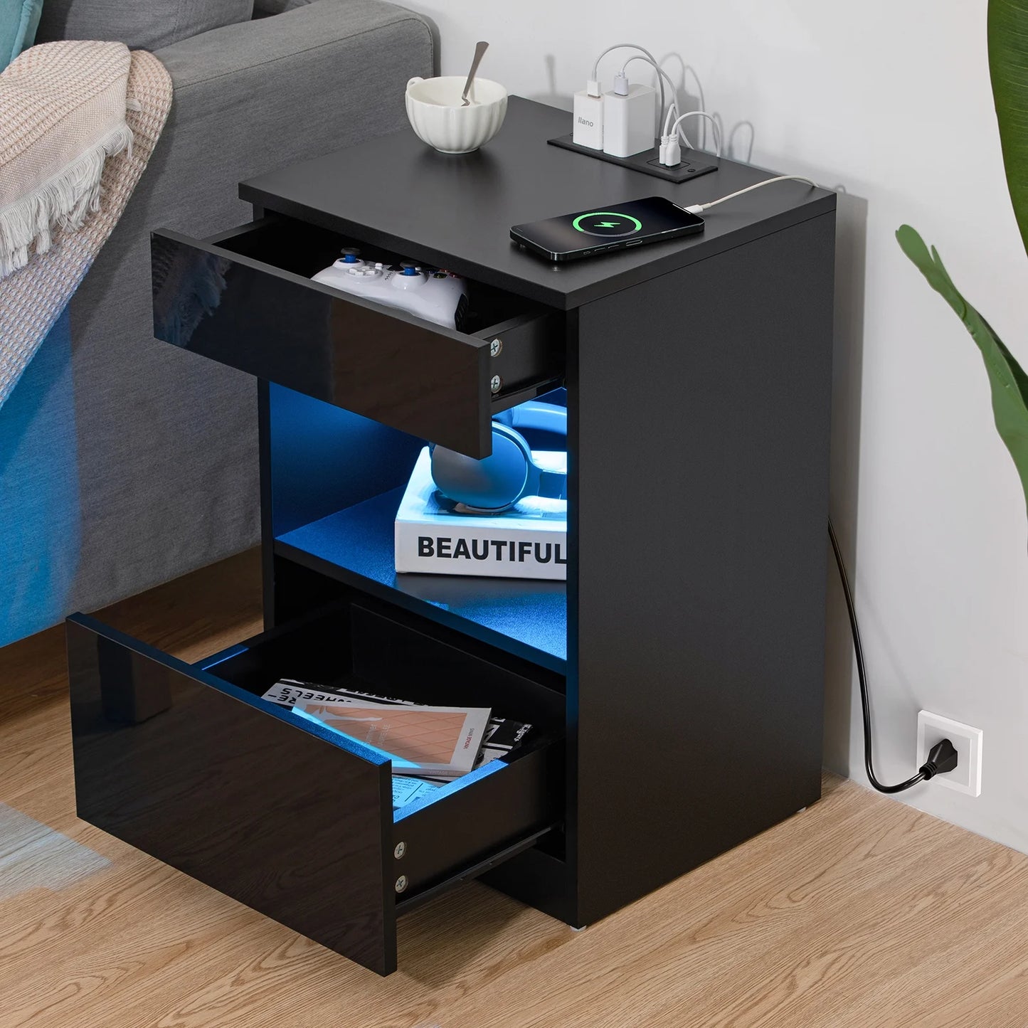 Nightstand with Charging Station Nightstands with 2 Drawer Open Shelf Nightstands Black Nightstands High Gloss LED End Table Nightstands for Bedroom Living Room Furniture 23.6" Tall