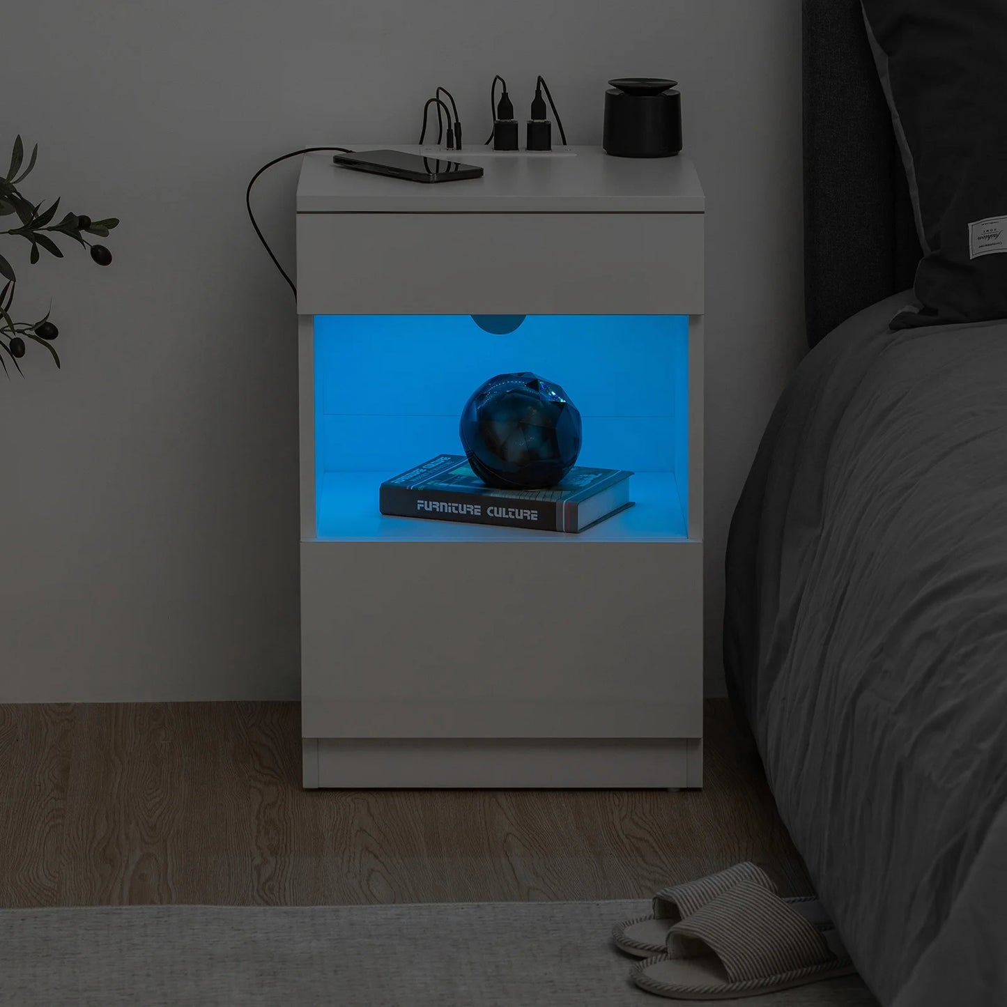 Nightstand with Charging Station Nightstands with 2 Drawer Open Shelf Nightstands White Nightstands High Gloss LED End Table Nightstands for Bedroom Living Room Furniture 23.6" Tall
