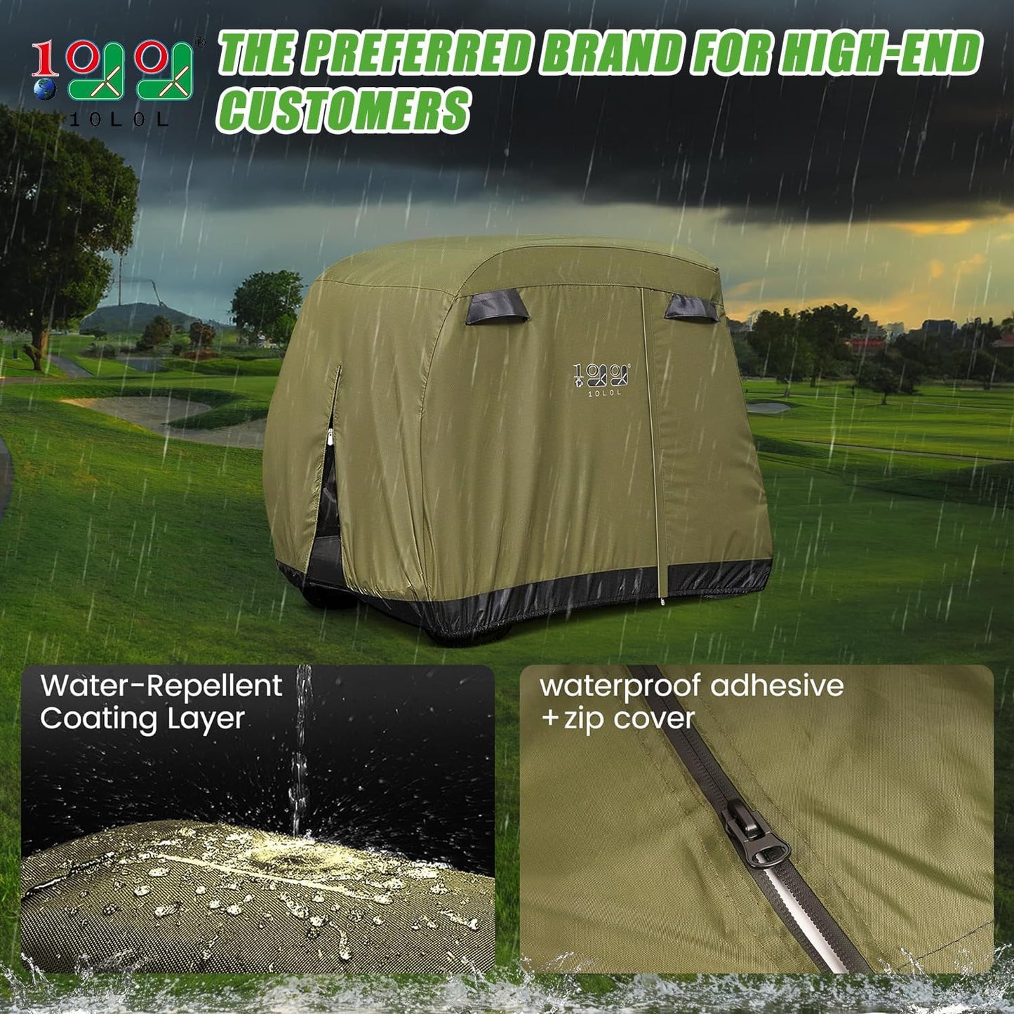 2/4/4+2 Passenger Golf Cart Cover Fits for Yamaha EZGO Club Car, 420D Waterproof Durable Polyester Golf Cart Cover with Three Zipper Doors Windproof Sunproof - Black/Army Green/Sliver