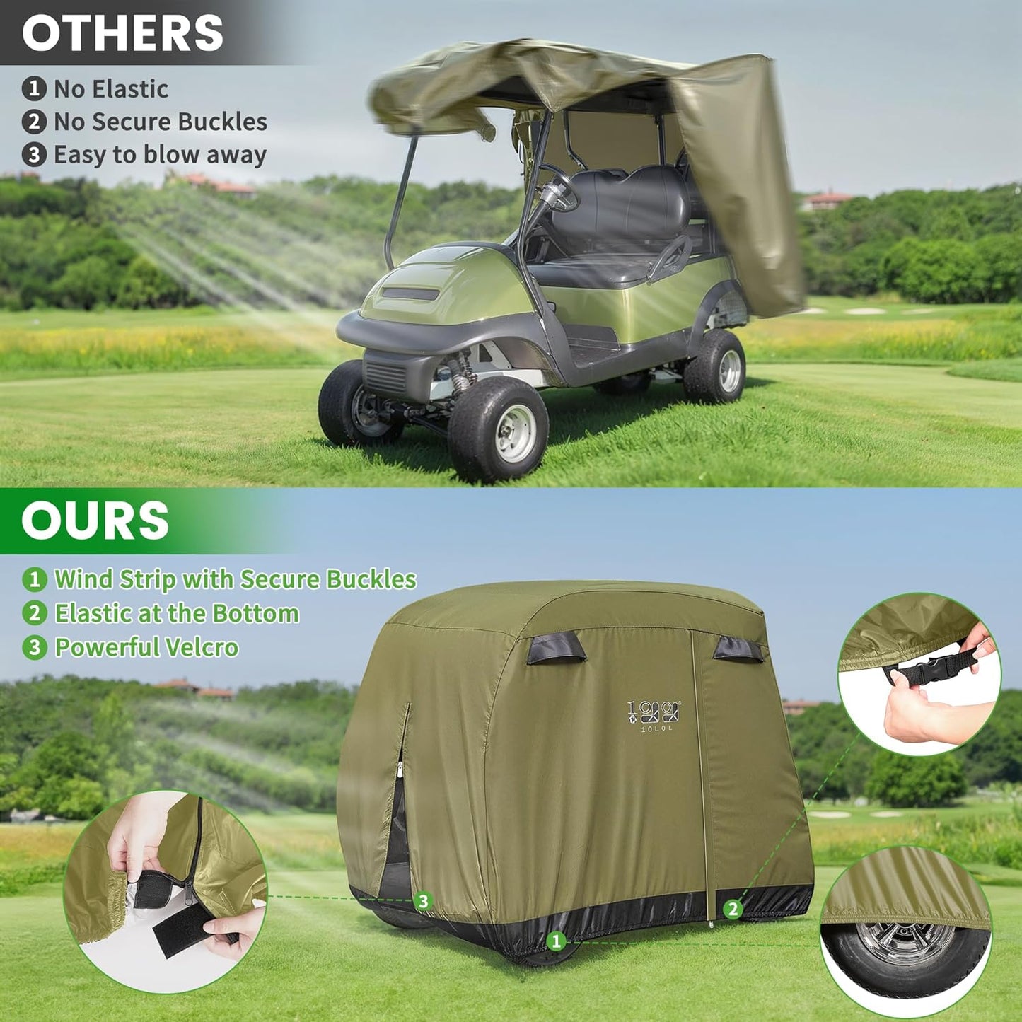 2/4/4+2 Passenger Golf Cart Cover Fits for Yamaha EZGO Club Car, 420D Waterproof Durable Polyester Golf Cart Cover with Three Zipper Doors Windproof Sunproof - Black/Army Green/Sliver
