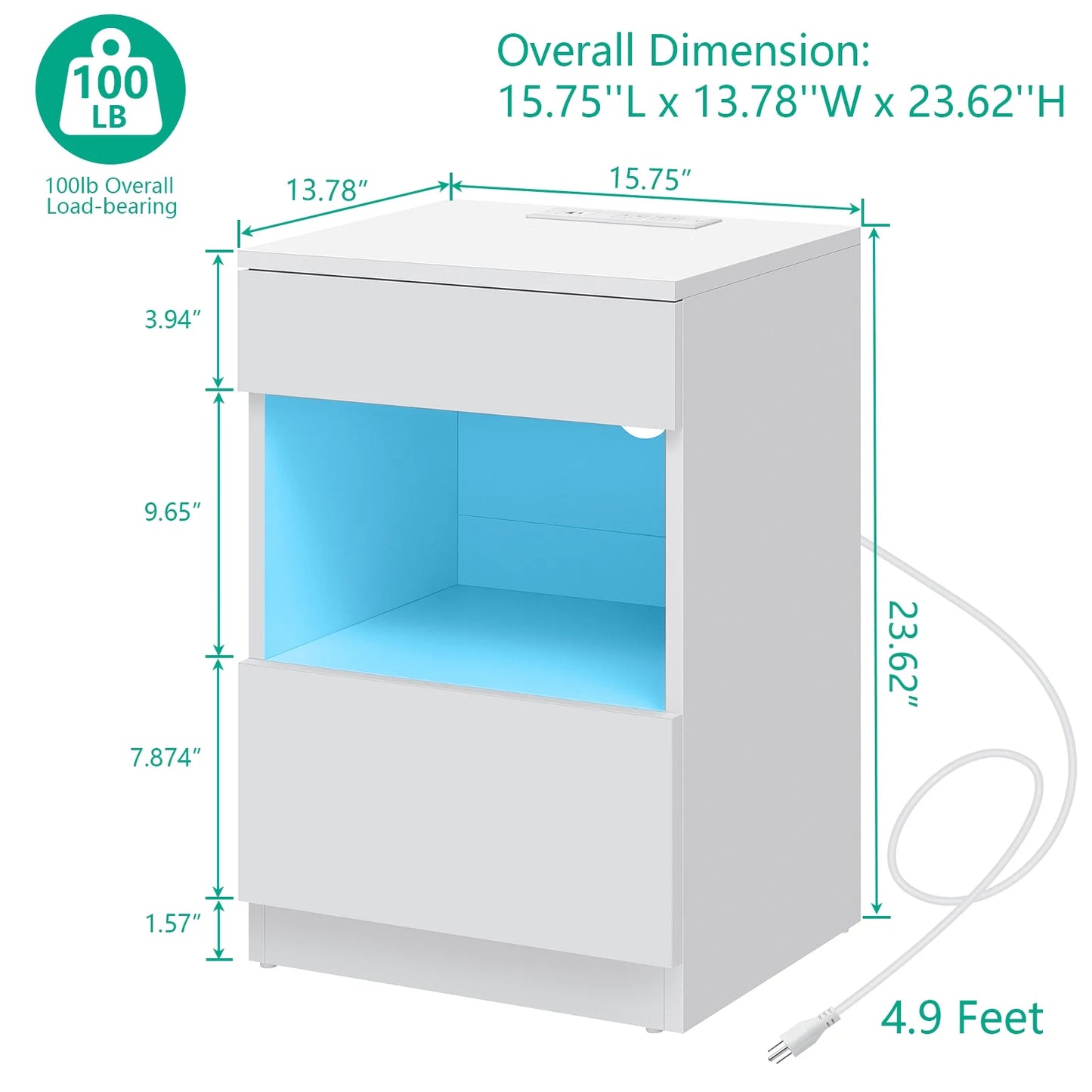 Nightstand with Charging Station Nightstands with 2 Drawer Open Shelf Nightstands White Nightstands High Gloss LED End Table Nightstands for Bedroom Living Room Furniture 23.6" Tall
