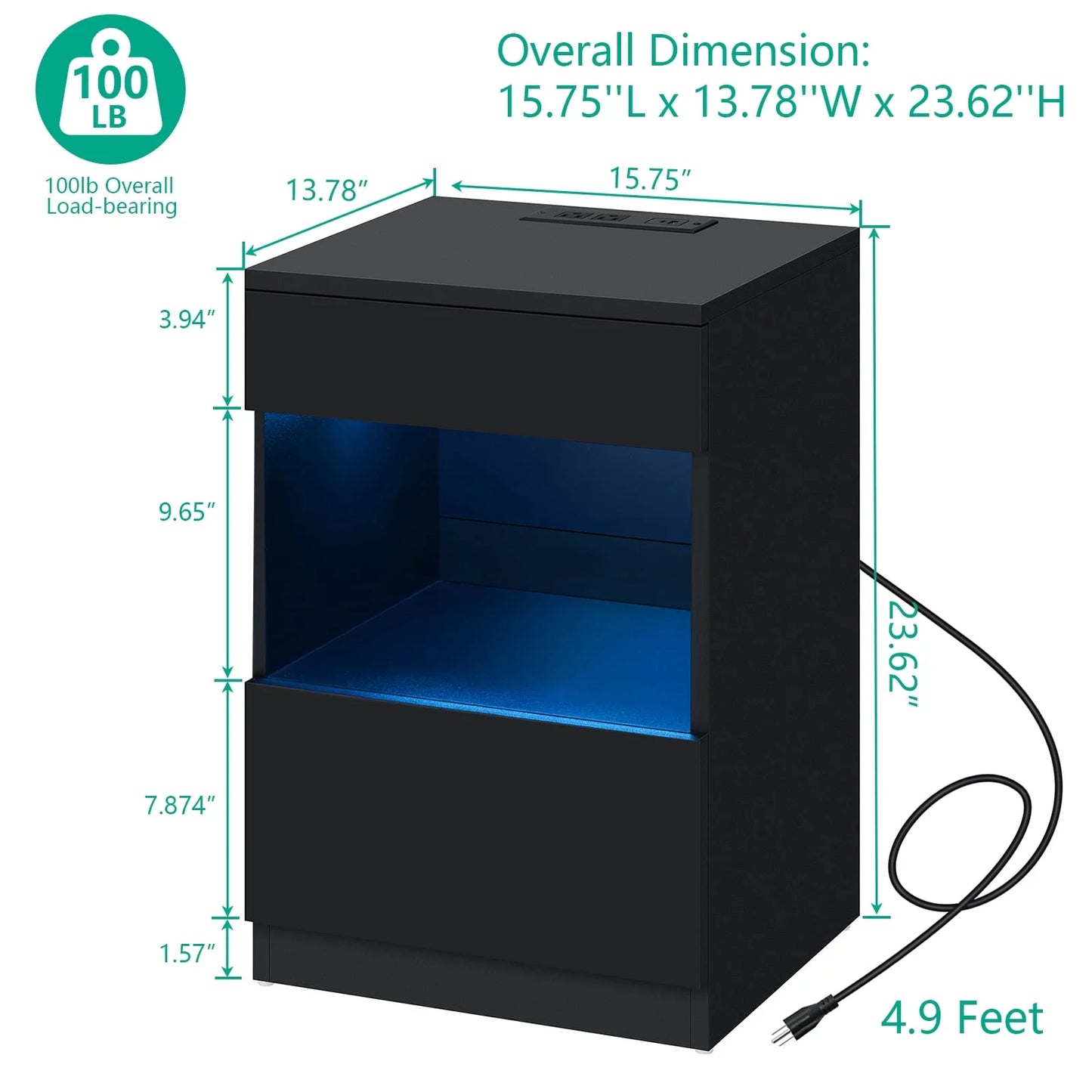 Nightstand with Charging Station Nightstands with 2 Drawer Open Shelf Nightstands Black Nightstands High Gloss LED End Table Nightstands for Bedroom Living Room Furniture 23.6" Tall