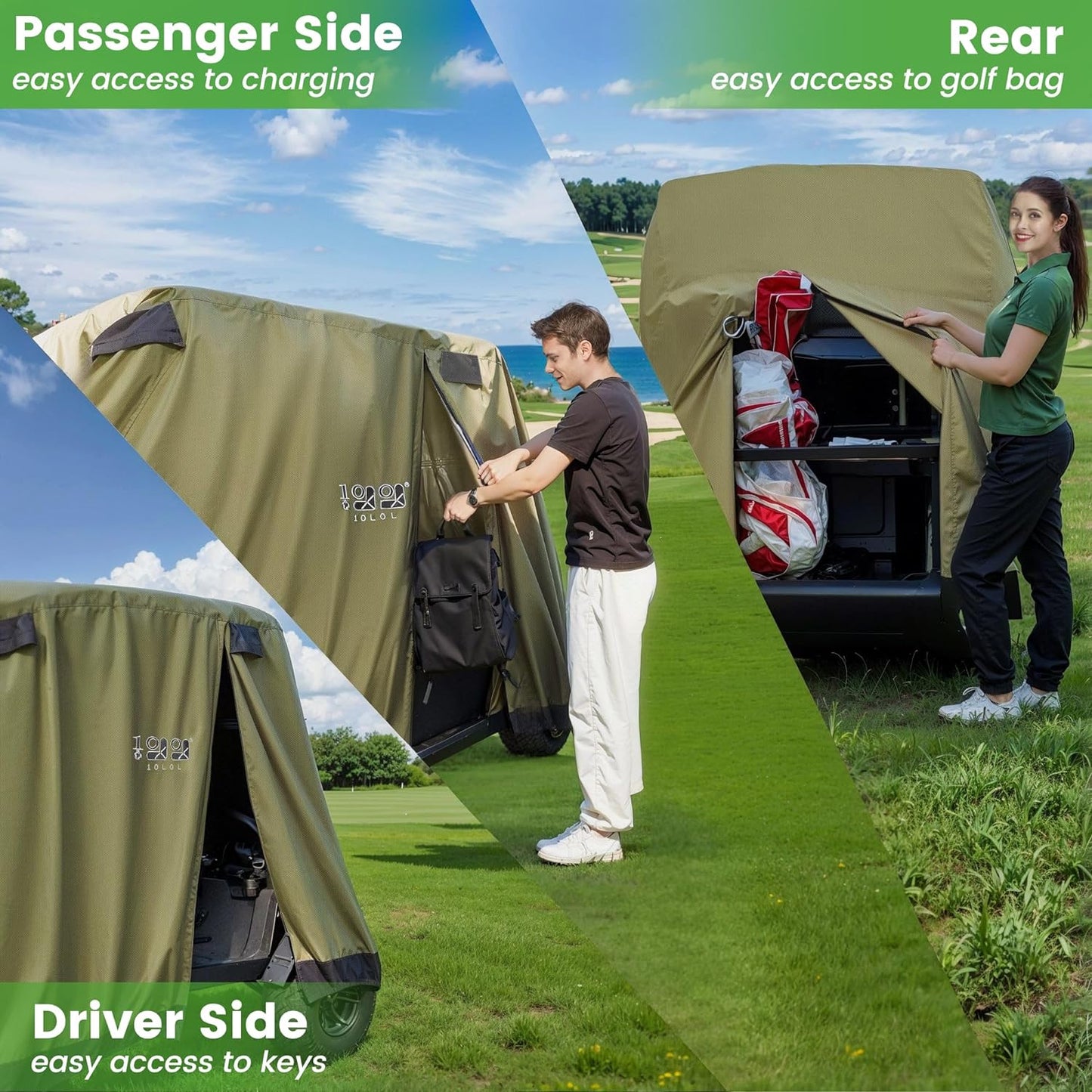 2/4/4+2 Passenger Golf Cart Cover Fits for Yamaha EZGO Club Car, 420D Waterproof Durable Polyester Golf Cart Cover with Three Zipper Doors Windproof Sunproof - Black/Army Green/Sliver