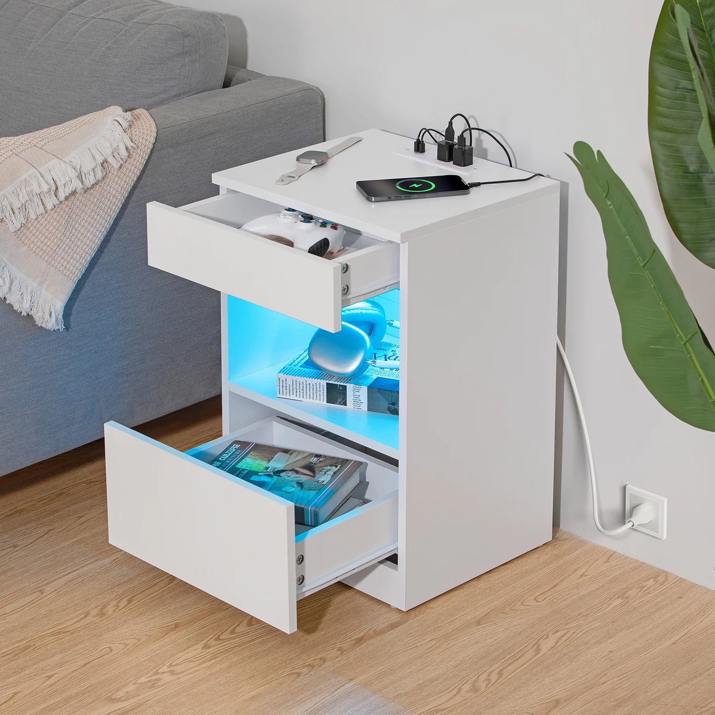 Nightstand with Charging Station Nightstands with 2 Drawer Open Shelf Nightstands White Nightstands High Gloss LED End Table Nightstands for Bedroom Living Room Furniture 23.6" Tall