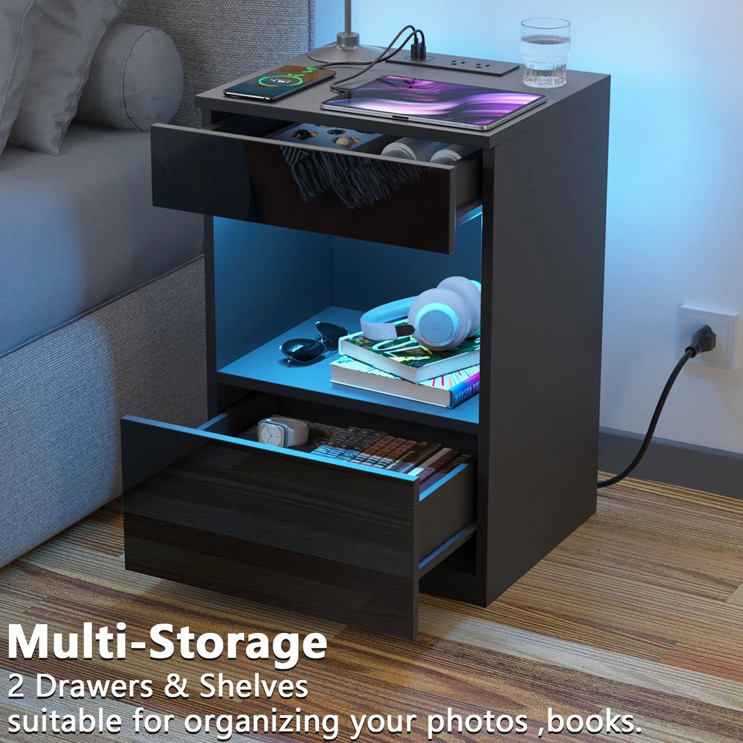 Nightstand with Charging Station Nightstands with 2 Drawer Open Shelf Nightstands Black Nightstands High Gloss LED End Table Nightstands for Bedroom Living Room Furniture 23.6" Tall