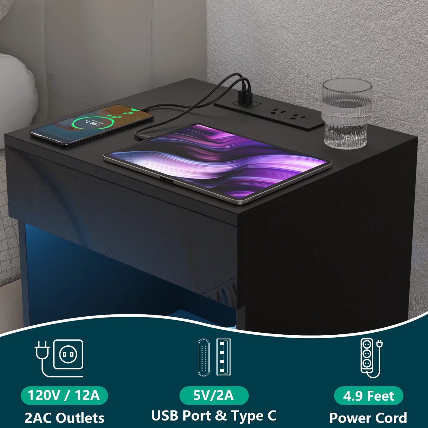 Nightstand with Charging Station Nightstands with 2 Drawer Open Shelf Nightstands Black Nightstands High Gloss LED End Table Nightstands for Bedroom Living Room Furniture 23.6" Tall