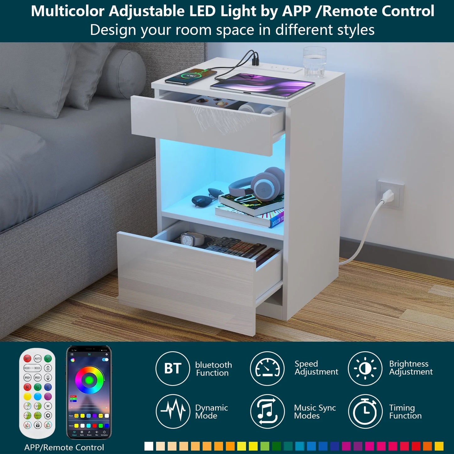 Nightstand with Charging Station Nightstands with 2 Drawer Open Shelf Nightstands White Nightstands High Gloss LED End Table Nightstands for Bedroom Living Room Furniture 23.6" Tall