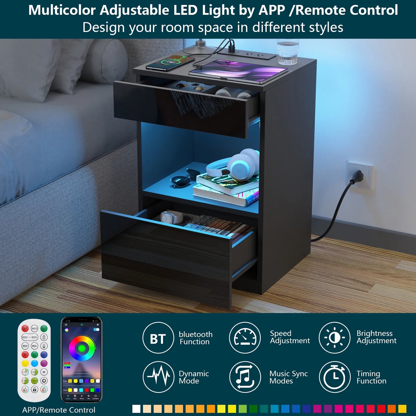 Nightstand with Charging Station Nightstands with 2 Drawer Open Shelf Nightstands Black Nightstands High Gloss LED End Table Nightstands for Bedroom Living Room Furniture 23.6" Tall