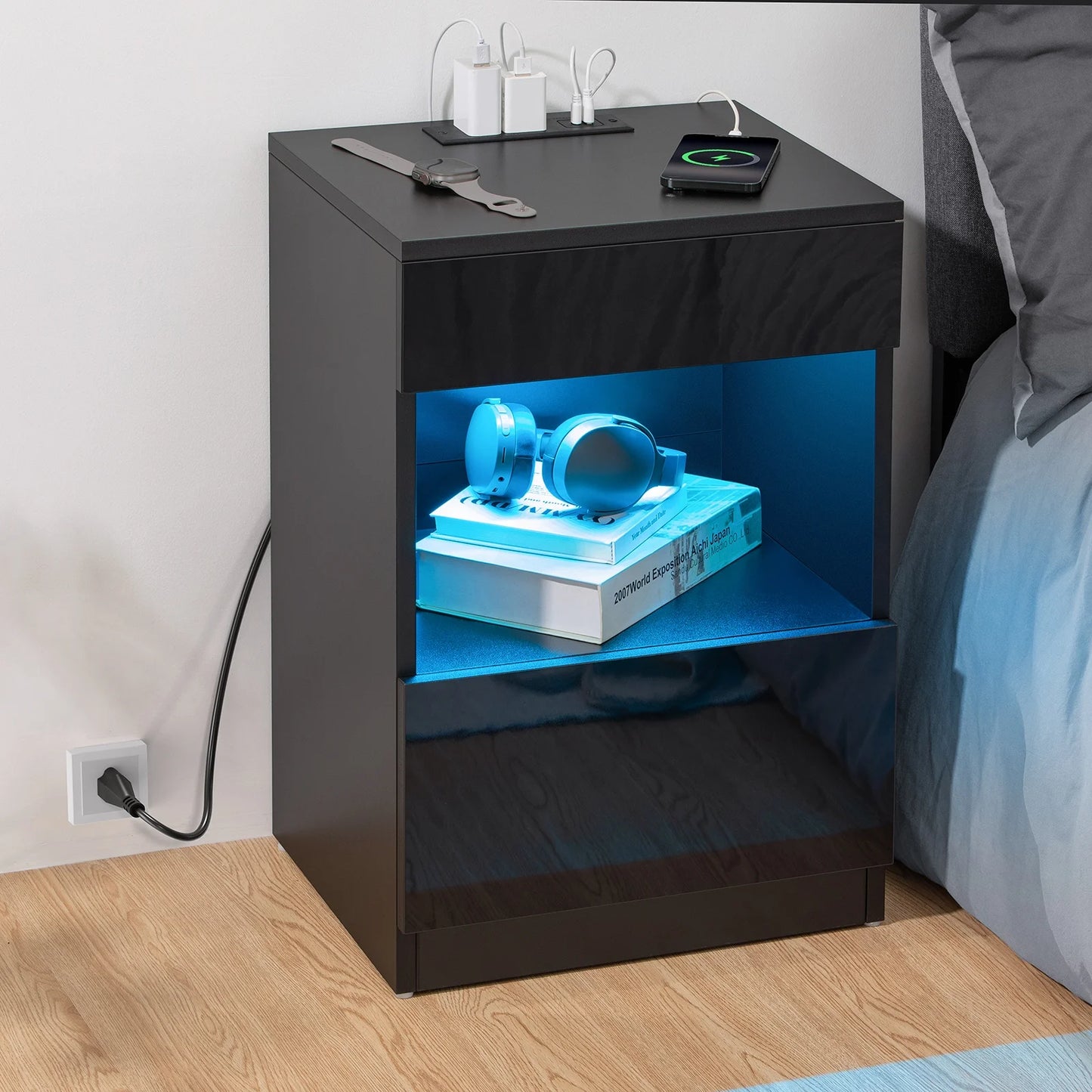 Nightstand with Charging Station Nightstands with 2 Drawer Open Shelf Nightstands Black Nightstands High Gloss LED End Table Nightstands for Bedroom Living Room Furniture 23.6" Tall