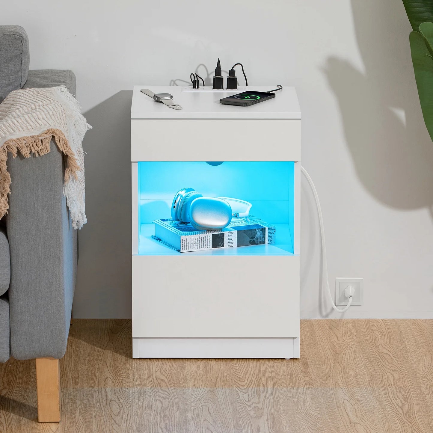 Nightstand with Charging Station Nightstands with 2 Drawer Open Shelf Nightstands White Nightstands High Gloss LED End Table Nightstands for Bedroom Living Room Furniture 23.6" Tall