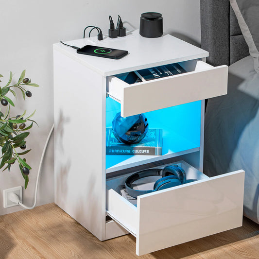 Nightstand with Charging Station Nightstands with 2 Drawer Open Shelf Nightstands White Nightstands High Gloss LED End Table Nightstands for Bedroom Living Room Furniture 23.6" Tall