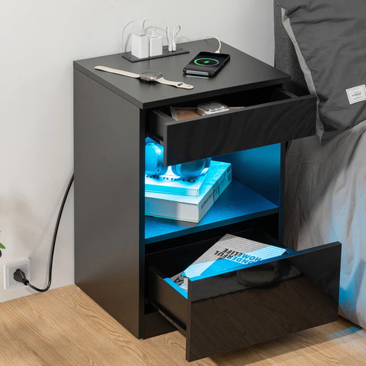 Nightstand with Charging Station Nightstands with 2 Drawer Open Shelf Nightstands Black Nightstands High Gloss LED End Table Nightstands for Bedroom Living Room Furniture 23.6" Tall